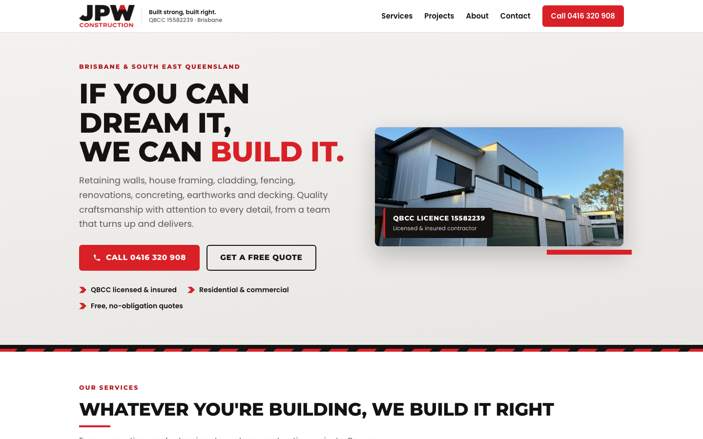 JPW Construction landing page